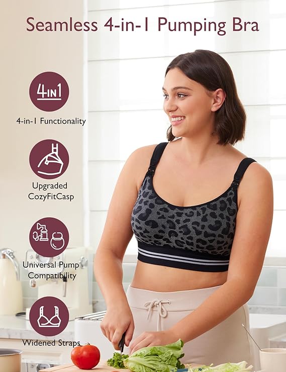Momcozy Maternity Accessory 4-in-1 Hands-Free Pumping Bra - Leopard Black