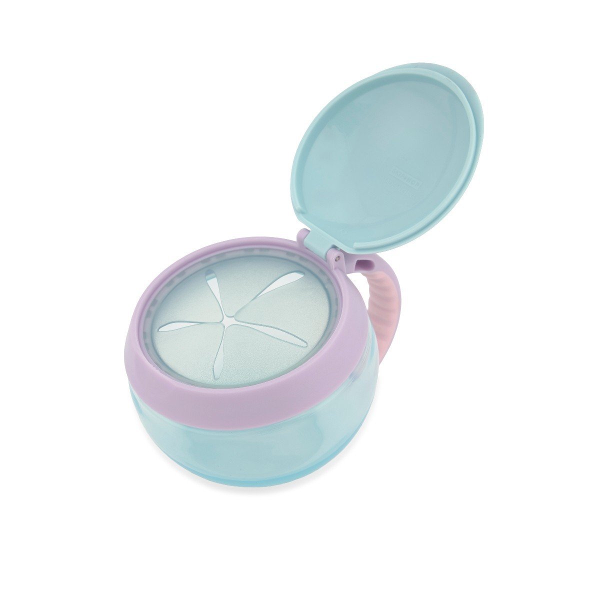 Skip Hop unicorn snack cup with snap-top lid open showing the flexible no-spill star opening that keeps snacks contained