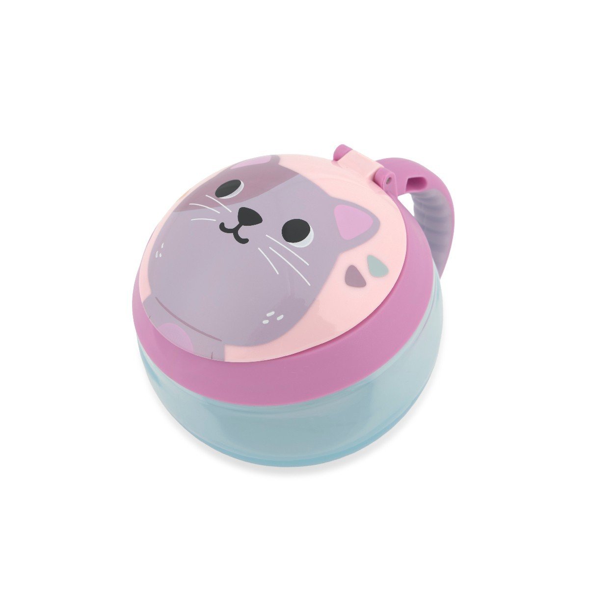 Skip Hop Besties Squad cat snack cup for toddlers in mint with orchid pink rim, cat face lid and lavender easy-grip handle