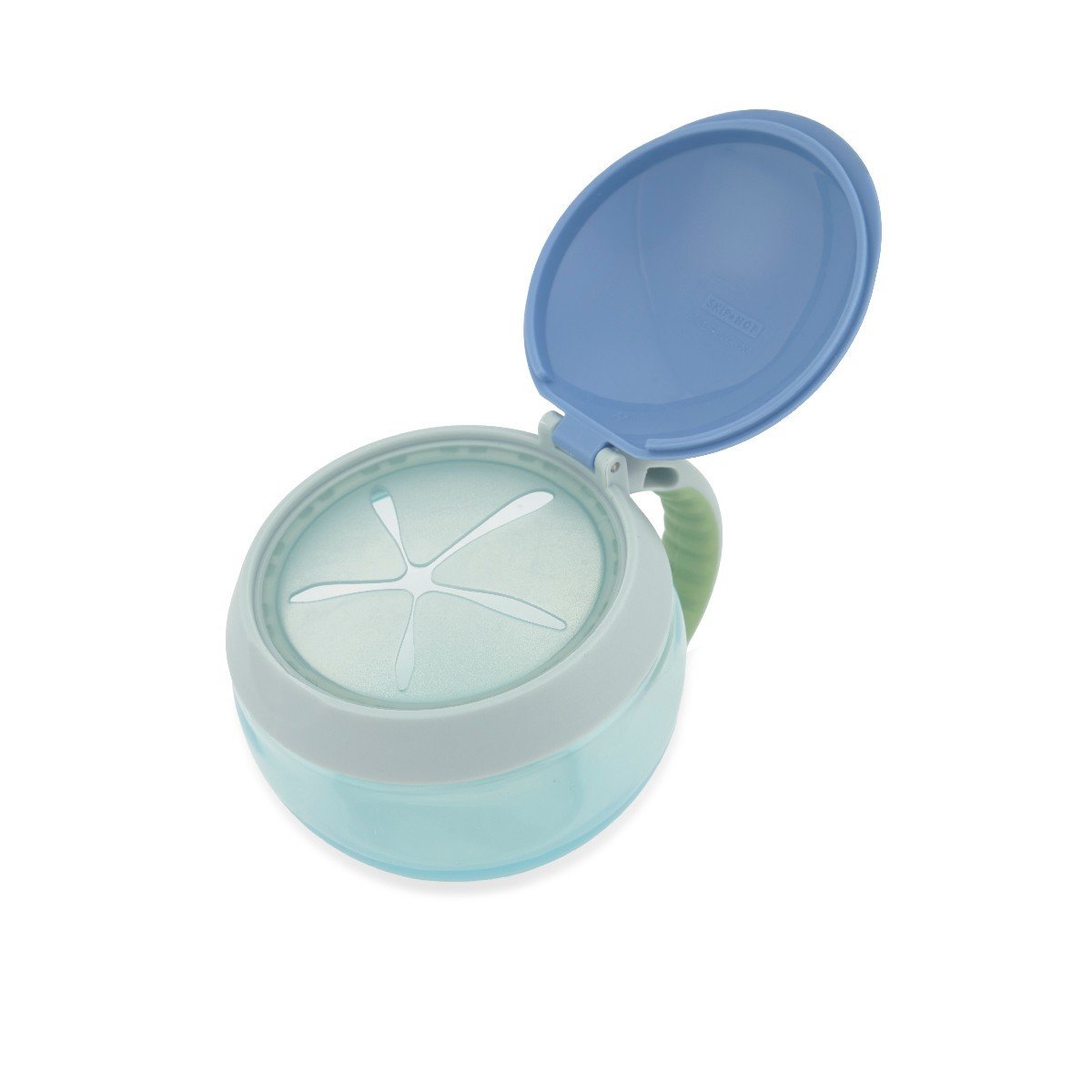 Skip Hop dino snack cup with snap-top lid open showing the flexible no-spill star opening that keeps snacks contained