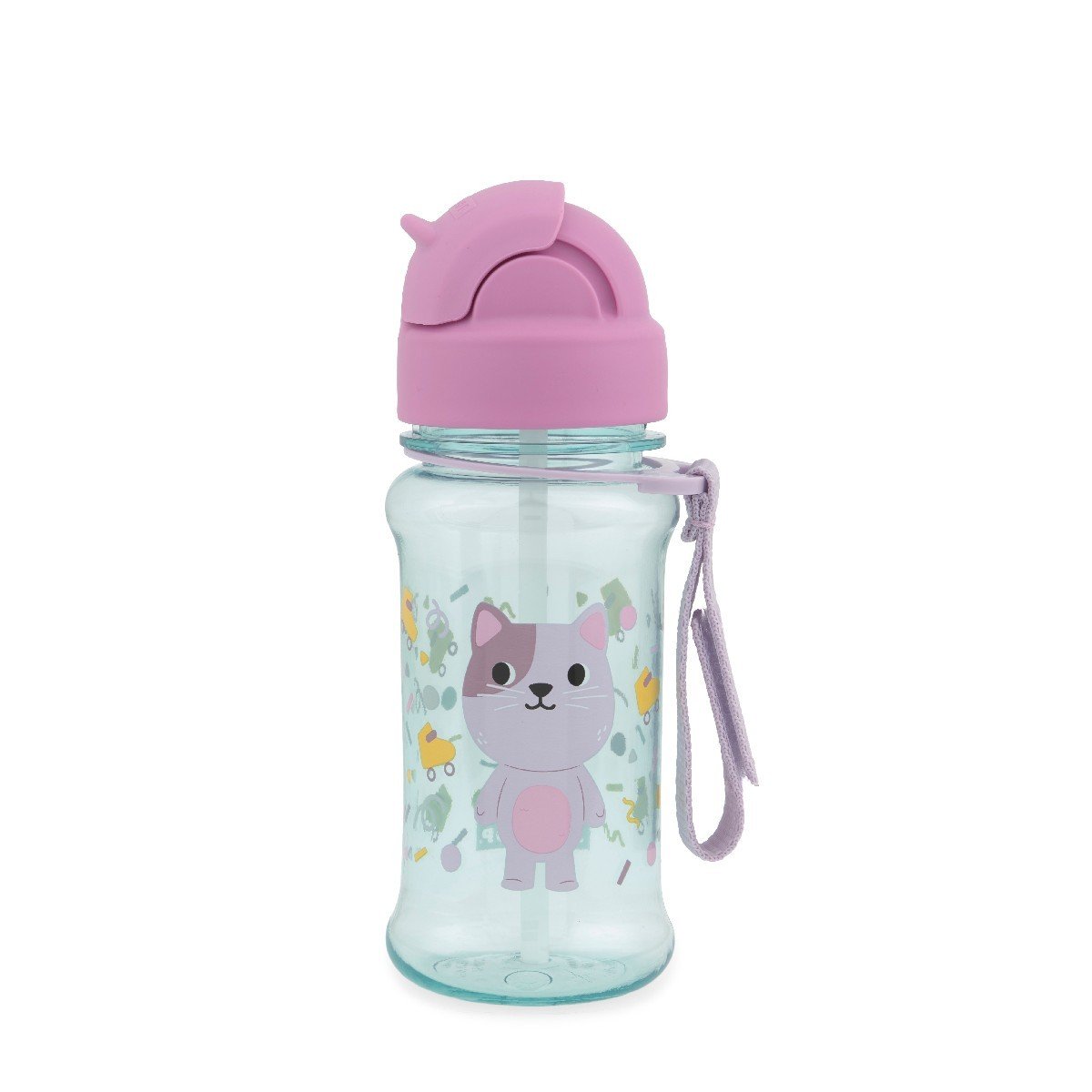 Skip Hop Besties Squad cat straw bottle for kids with pink flip-top lid closed, mint bottle with lavender cat print and lilac grab strap