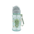 Skip Hop Besties Squad dino straw bottle for kids with grey-blue flip-top lid closed, mint bottle with green dinosaur print and sage grab strap