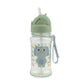 Skip Hop elephant kids water bottle with the flip straw popped up ready for sipping, showing the 355 ml bottle and powder-blue strap