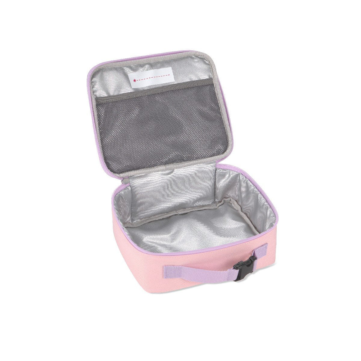 Skip Hop unicorn lunch bag open and empty showing insulated easy-wipe lining, interior mesh pocket and write-on name label
