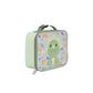 Angled side view of the Skip Hop dino kids lunch bag showing sage green sides and clip-on carry handle with buckle