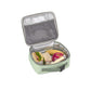 Skip Hop dino insulated lunch bag packed with a sandwich, apple, banana and cheese to show its roomy capacity