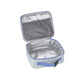 Skip Hop elephant lunch bag open and empty showing insulated easy-wipe lining, interior mesh pocket and write-on name label