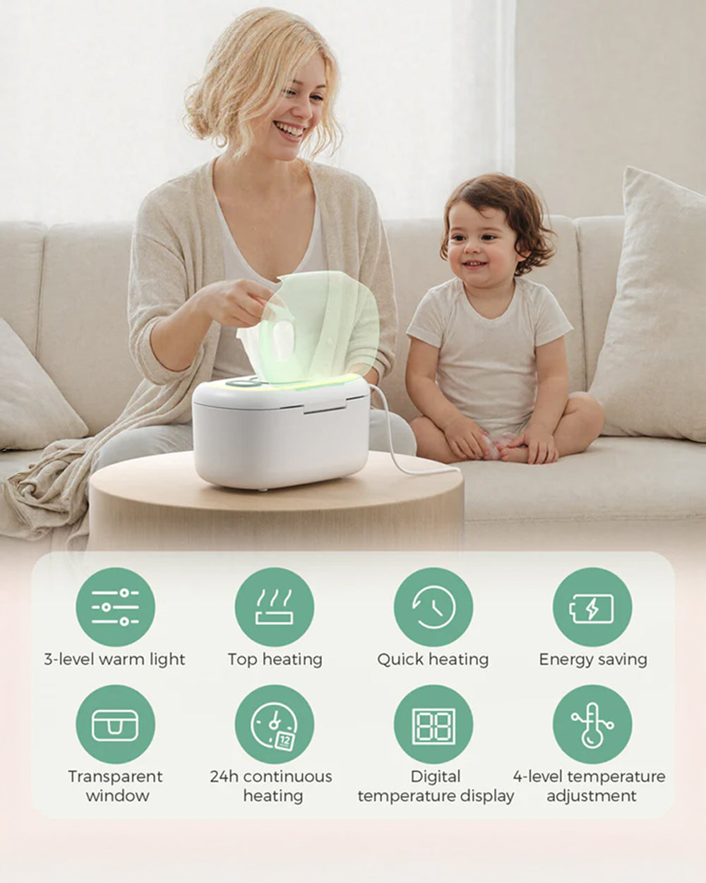 Momcozy Large Capacity Baby Wipe Warmer with 3 Level Night Light & 4 Temperature Settings - White - image 9