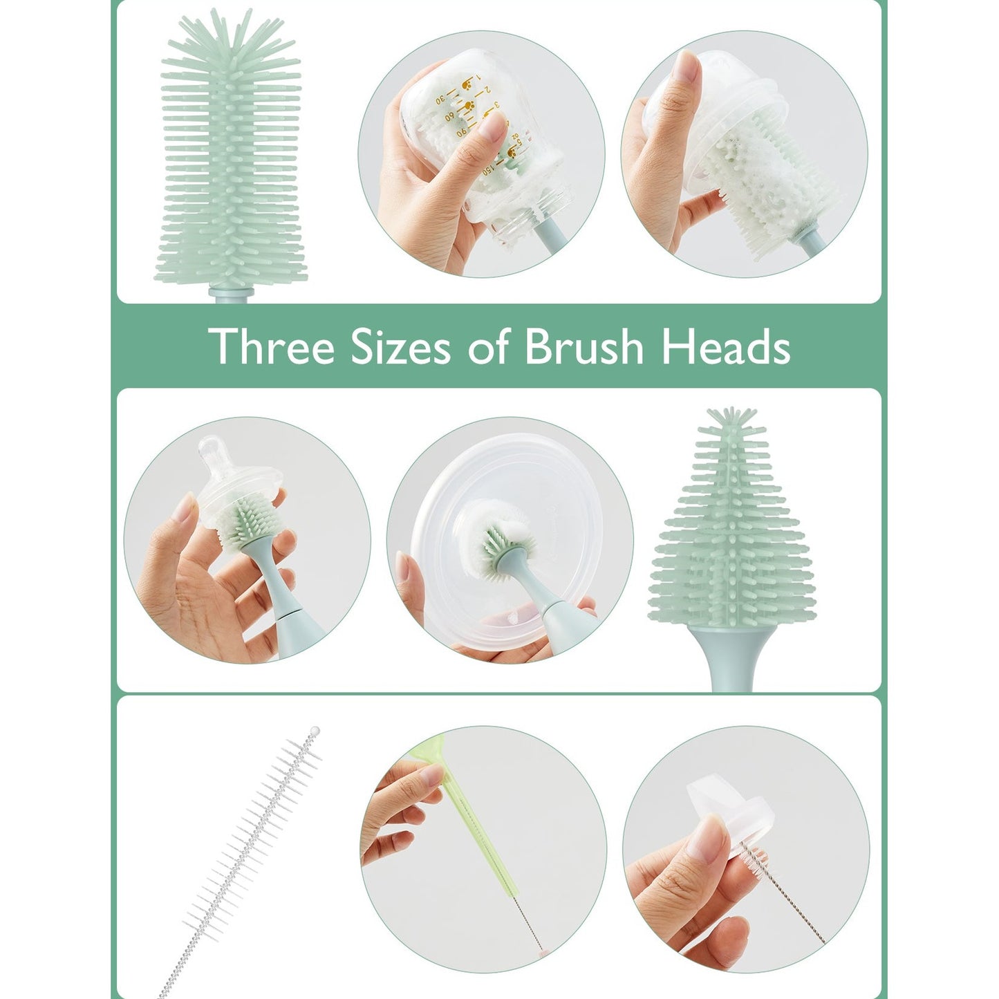 Momcozy Weaning Accessories Push-Press Design Bottle Brush Kit-Press Bubble Style Green