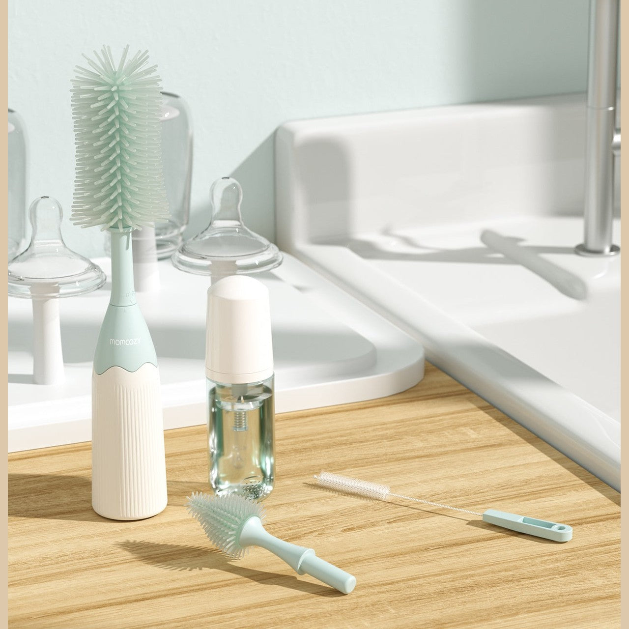 Momcozy Weaning Accessories Push-Press Design Bottle Brush Kit-Press Bubble Style Green