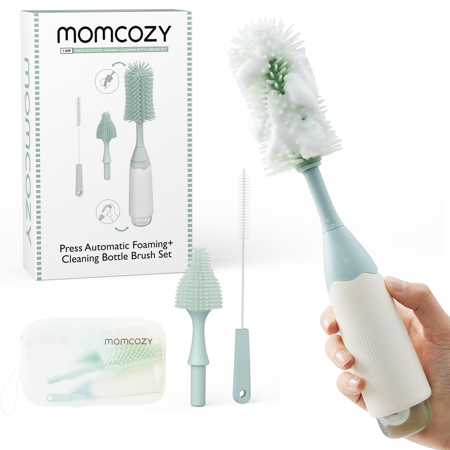 Momcozy Weaning Accessories Push-Press Design Bottle Brush Kit-Press Bubble Style Green
