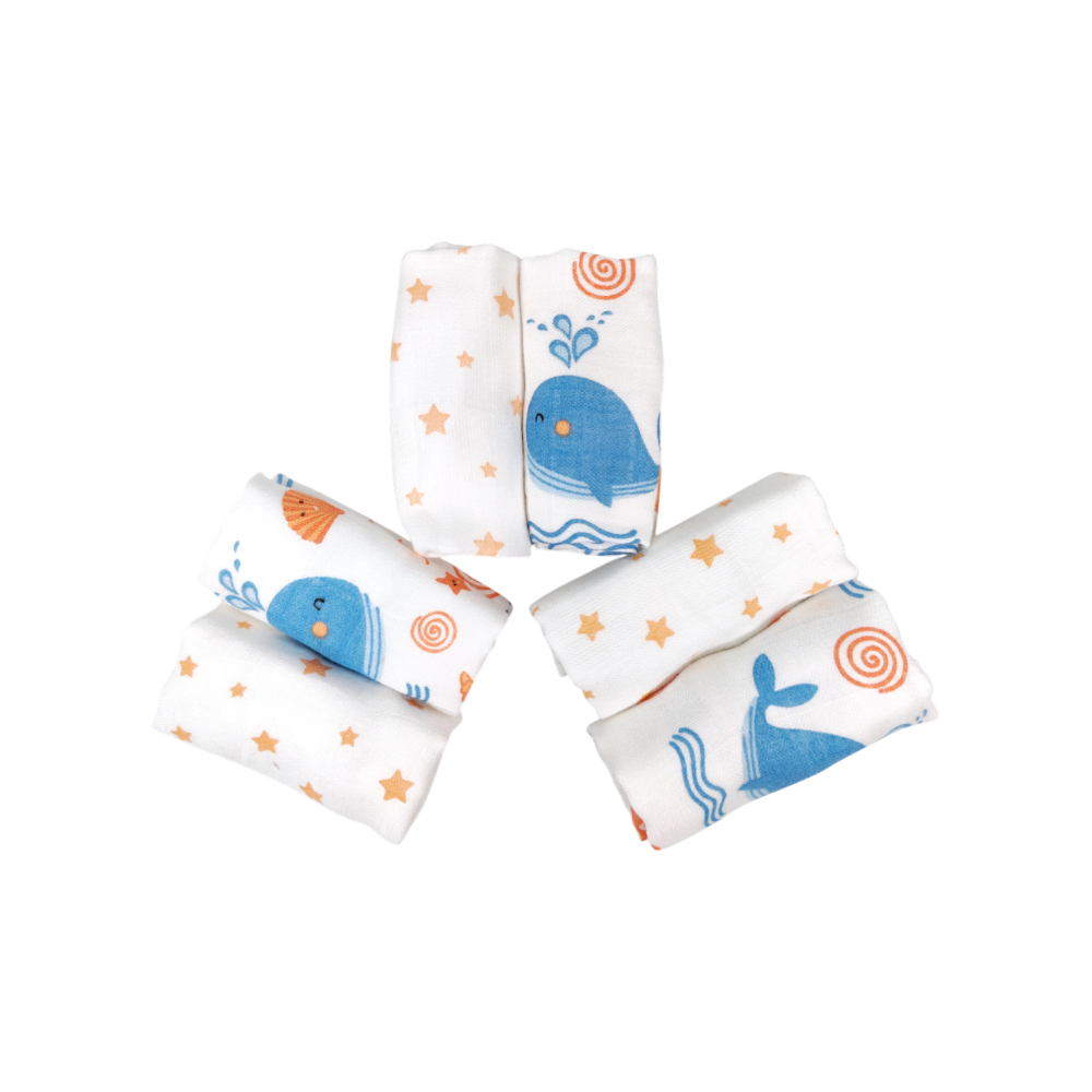 Nuluv Blue Whale Design Baby Wash Cloth (White) - Pack of 6