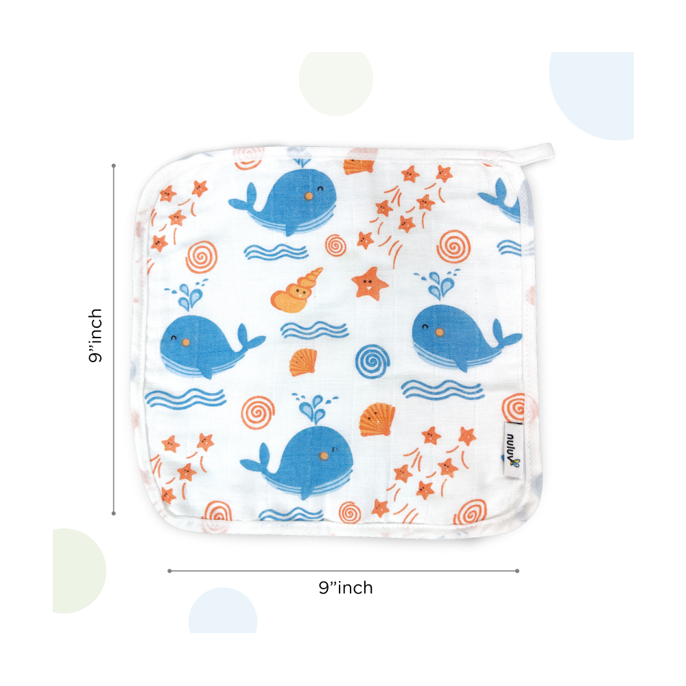 Nuluv Blue Whale Design Baby Wash Cloth (White) - Pack of 6