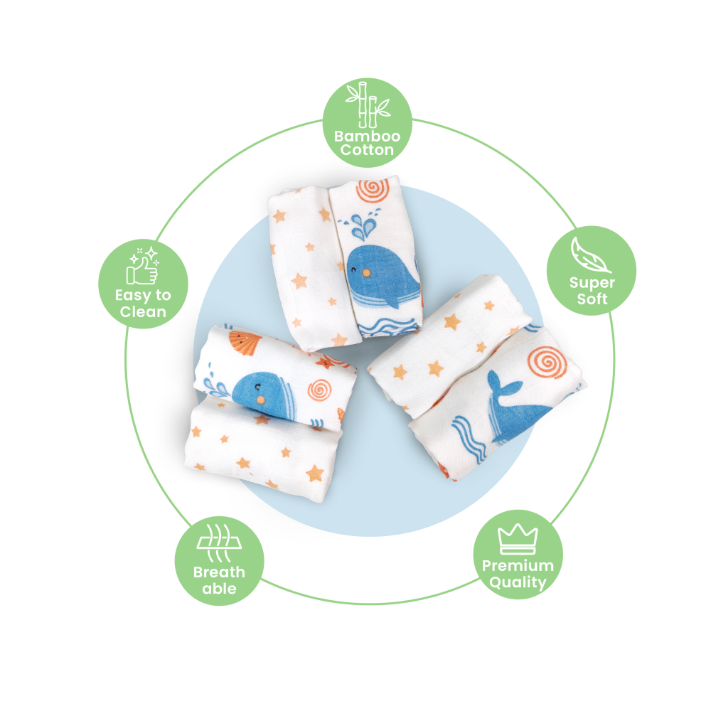 Nuluv Blue Whale Design Baby Wash Cloth (White) - Pack of 6