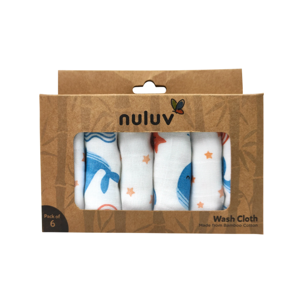 Nuluv Blue Whale Design Baby Wash Cloth (White) - Pack of 6